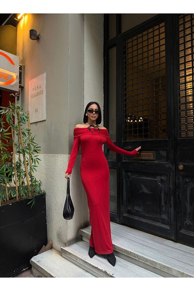 BEJNA Rotes, dehnbares, langes Kleid mit Madonna-Kragen für Damen