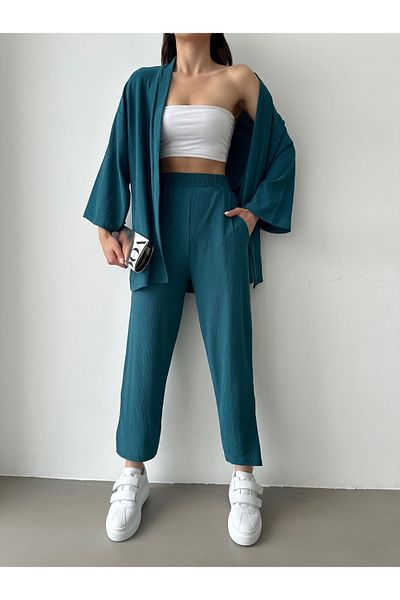 BEJNA Petrolgrünes Kimono-Hosen-Strickset für Damen