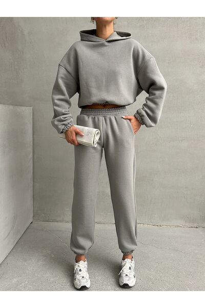 BEJNA Gray Cotton Fleece Women's Tracksuit Set