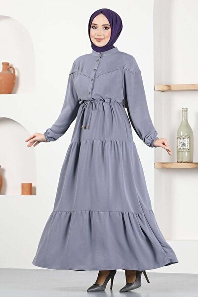 moda periy Kadın Dantel Detaylı Fırfırlı Tesettür Elbise