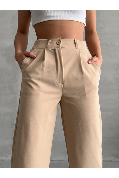 BEJNA Γυναικείο Μπεζ πλισέ φαρδύ παντελόνι Palazzo