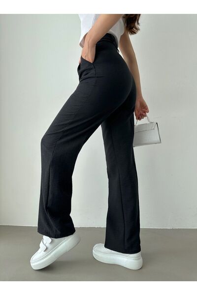 BEJNA Women's Black Linen High Waist Pleated Palazzo Trousers