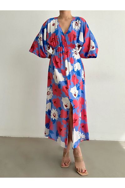 BEJNA Blaues, zweireihiges, langes Sommerkleid mit Kragen und Schlitz für Damen