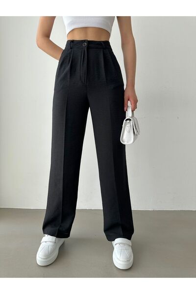 BEJNA Women's Black Linen High Waist Pleated Palazzo Trousers