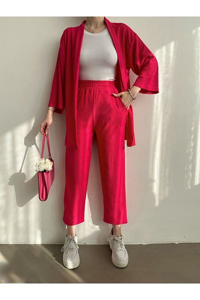 BEJNA Set tricotat pantaloni kimono fucsia damă 