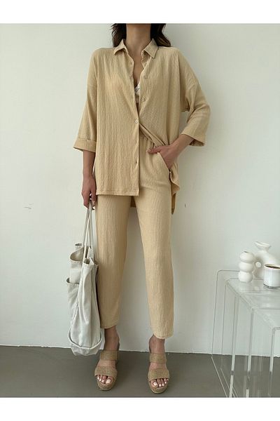 BEJNA Women's Beige Double Sleeve Top and Bottom Shirt Set
