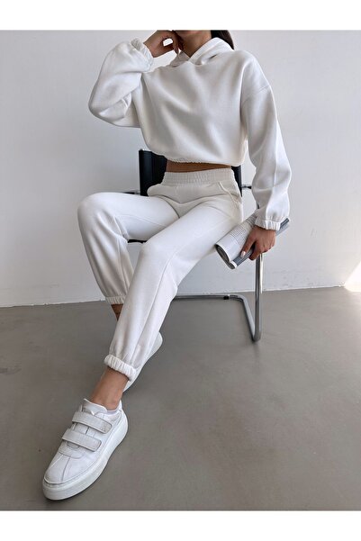 BEJNA Women's White Cotton Basic Tracksuit Set with Fleece Inside