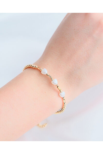 AURRARİ Altın Kaplama 3'lü İncili Kalp Dorika Çelik Bileklik