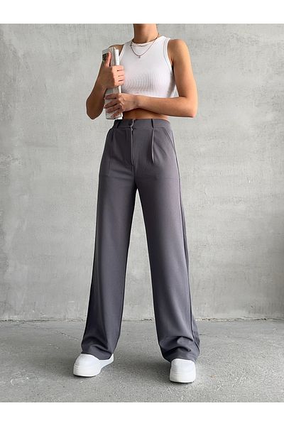 BEJNA Graue, plissierte, lockere Palazzo-Hose für Damen
