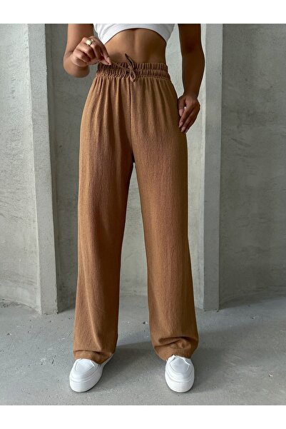 BEJNA Women's Camel Waist Elastic Palazzo Trousers