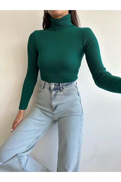 BEJNA Smaragdgrüner Rollkragen-Strickpullover für Damen