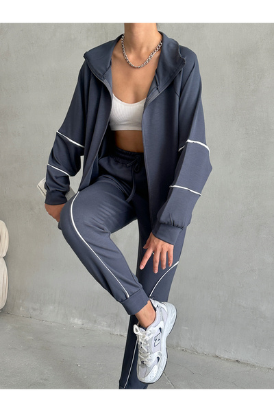 BEJNA Women's Anthracite Modal Textured Soft Touch Set with Piping Detail