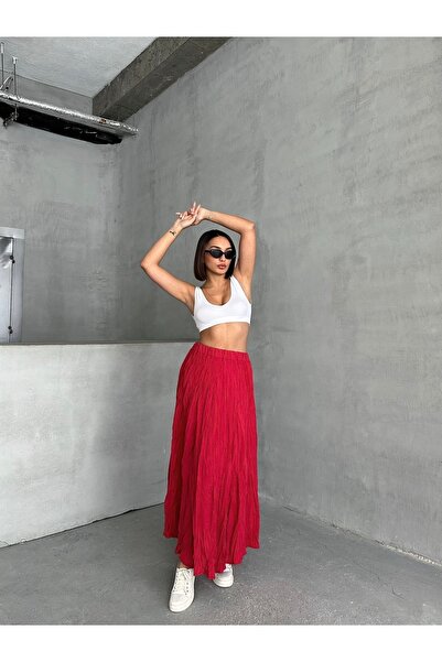 BEJNA Women's Wrinkled Modal Textured Soft Long Skirt