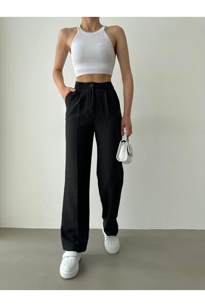 BEJNA Women's Black Linen High Waist Pleated Palazzo Trousers