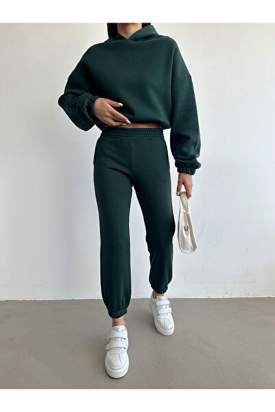 BEJNA Women's Green Cotton Basic Tracksuit Set with Fleece Inside