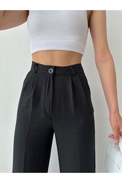 BEJNA Women's Black Linen High Waist Pleated Palazzo Trousers