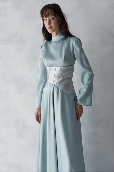 MERCI MS FANCY Satin Long Evening Dress with Corsage Detail