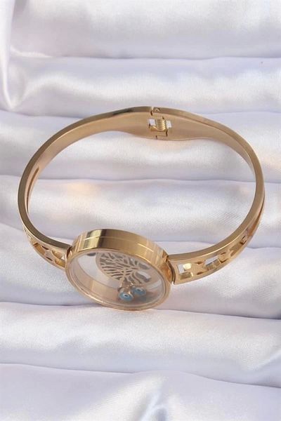 ARBECHA 316L Steel Gold Color Openable Bell Jar Clamp with Life Tree and Evil Eye Bead Figure
