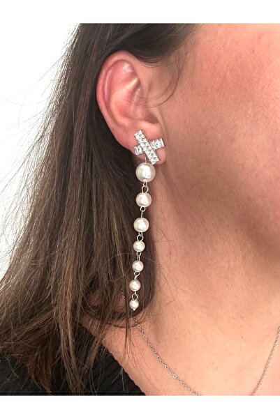 alsaccessories أقراط متدلية من حجر الزركون الفضي مع صفوف من اللؤلؤ