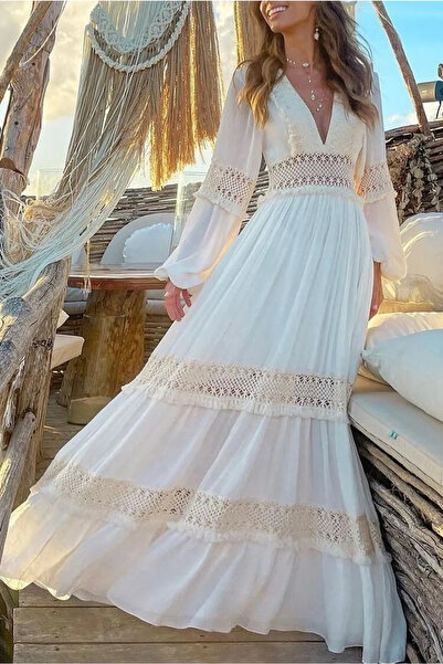 BENİMOLMALI Maxi Güpür Elbise Uzun Maxi Elbise Bohem Elbise Güpür Elbise Astarlı Uzun Elbise Uzun Kollu