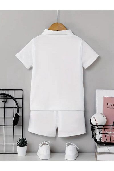 vinraus Girl\Boy White Tennis Racket Printed Shorts-Polo Collar Tshirt Set