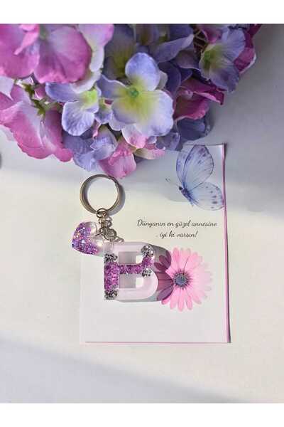 demirbasavm سلسلة مفاتيح إيبكسي مصنوعة يدويًا على شكل حرف B مخصصة لعيد الأم