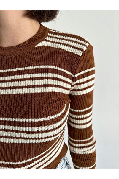 BEJNA Women's Brown Crew Neck Striped Crop Basic Knitwear Sweater