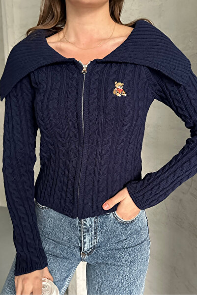 macharel jeans Teddy Bear Patterned Turn-Down Collar Zippered Knitwear Cardigan