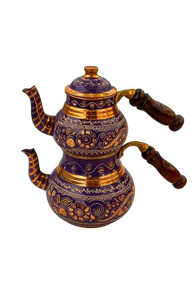 DUKKANI ISTANBUL Erzincan Blue Copper Teapot Set - Small, Hand Embroidered Set of 2