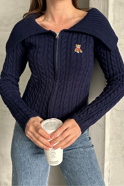 macharel jeans Плетено жилетка с цип и яка с шарка на плюшено мече