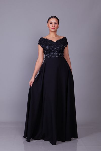Bidoluelbise Black Boat Neck Floral Tulle Detail Maxi Dress