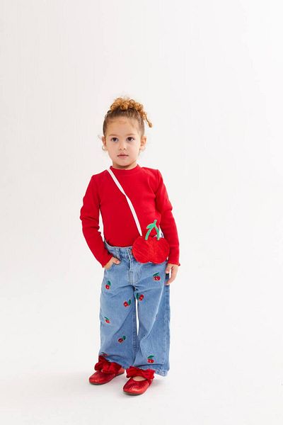 Teeny Weeny Kids Girl's Cherry Pattern Jean Suit (Bag Is a Gift)