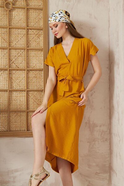 Pasaklı Giyim Kadın Hardal Keten Kemerli Kısa Kollu Yazlık Rahat Kesim Yırtmaçlı Günlük Uzun Elbise 3221300
