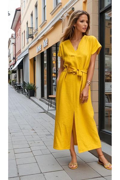 Pasaklı Giyim Rochie lungă de zi cu zi pentru femei, cu centură de in muștar, cu mâneci scurte, tăiată casual, cu fante 3221300