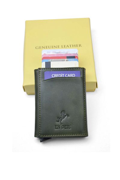 en deri Unisex Genuine Leather Cash Money Compartment Slide Mechanism Wallet Card Holder Leather Wallet