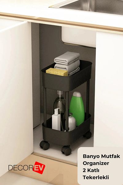 decorev 2-Tier Black Shelf with Wheels - Bathroom and Kitchen Organizer