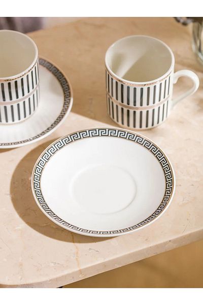 LC Waikiki Lcw Black Striped 2-Person Porcelain Coffee Cup Set