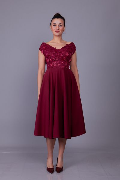 Bidoluelbise Burgundy Boat Neck Floral Tulle Detail Midi Length Evening Dress