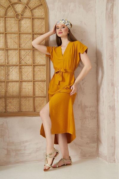 Pasaklı Giyim Rochie lungă de zi cu zi pentru femei, cu centură de in muștar, cu mâneci scurte, tăiată casual, cu fante 3221300