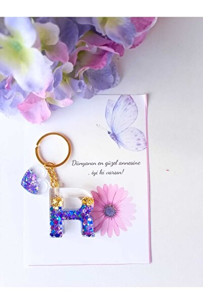 demirbasavm سلسلة مفاتيح إيبكسي مصنوعة يدويًا على شكل حرف R لعيد الأم