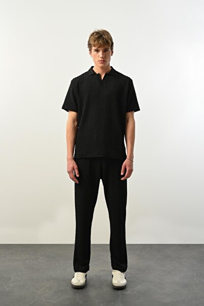 Valiberta Πολυτελές T-Shirt Ανδρικό με Πόλο Λαιμό και Υφή Σκιάς - Μαύρο