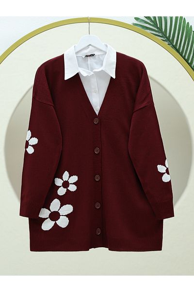 Modamorfo Burgundy Daisy Patterned Buttoned Cardigan