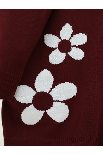 Modamorfo Burgundy Daisy Patterned Buttoned Cardigan