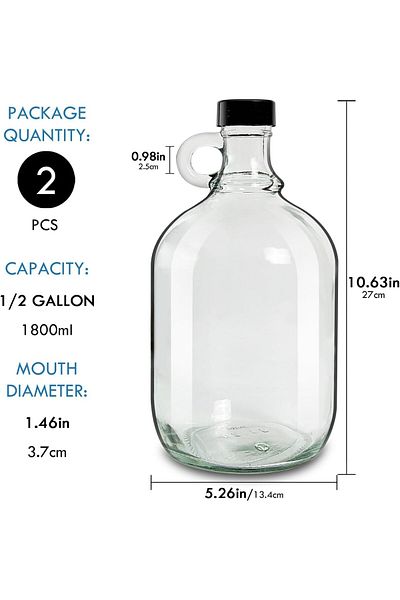 Home Zone 2 Pack 64oz Glass Gallon Jugs with Handle and Black Plastic Lids Ideal for Kombucha (Clear)
