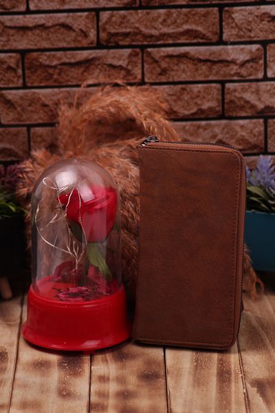 Ozka Leather Collection Калъф за картички от веган кожа, кафяв, дълъг - Rose Gift