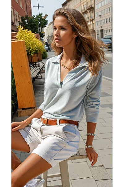 Pasaklı Giyim Γυναικεία μαλακή λινή μπλούζα με λαιμόκοψη πόλο και μακριά μανί...