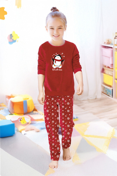 DOFİ Kız Çocuk Kırmızı Süpersoft Pijama Takımı – Penguen ve Kar Desenli