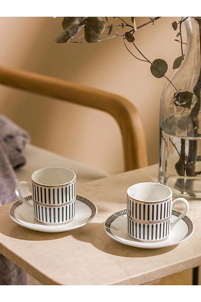 LC Waikiki Lcw Black Striped 2-Person Porcelain Coffee Cup Set