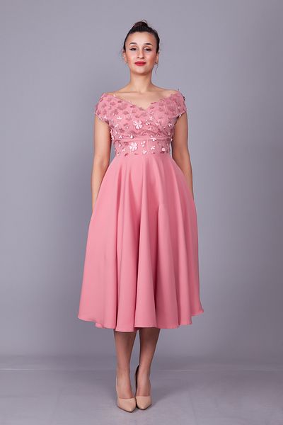 Bidoluelbise Βραδινό φόρεμα με λαιμόκοψη Dusty Rose με λεπτομέρεια από τούλι