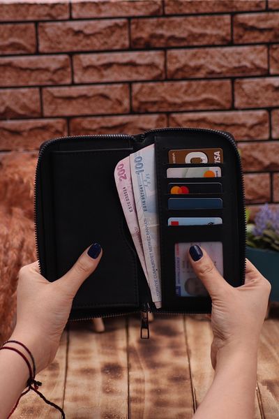 Ozka Leather Collection Crazy Black Long Vegan Δερμάτινη θήκη για κάρτα Portfolio - Δώρο τριαντάφυλλο